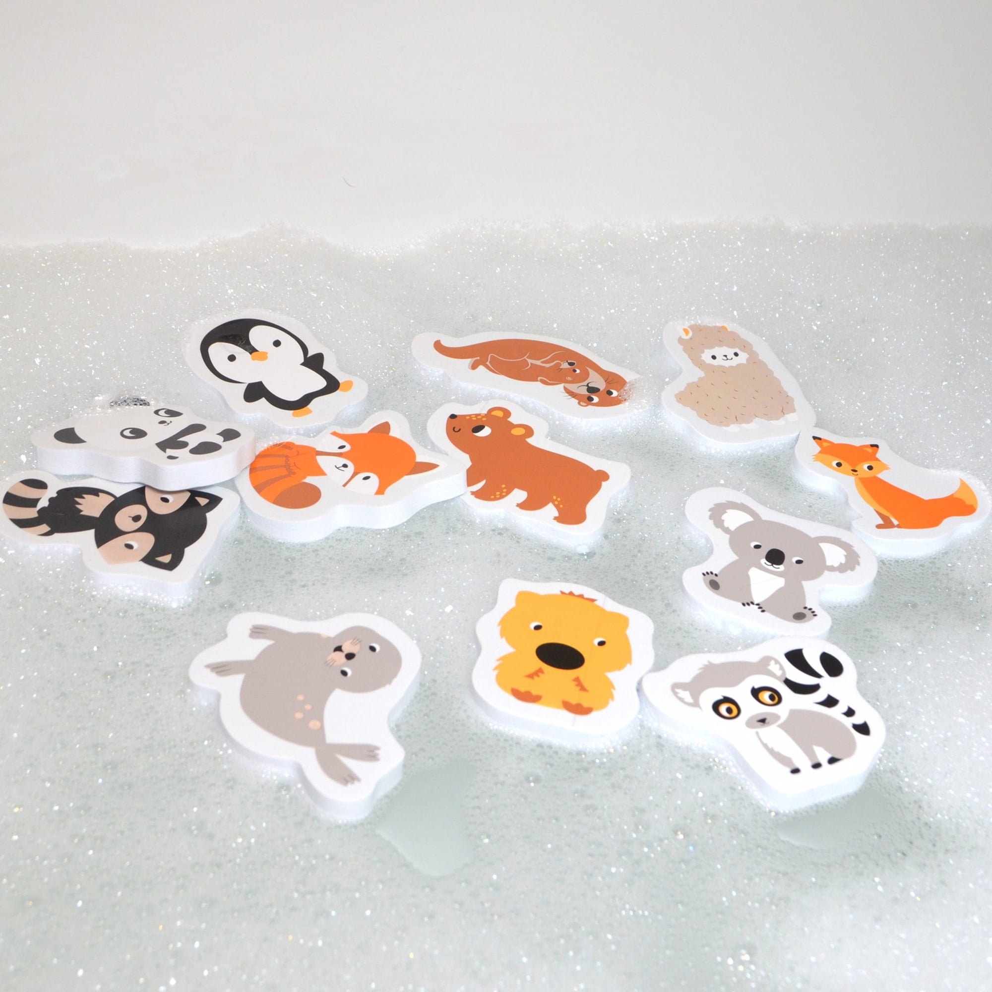 Buddy & Barney: Bath Time Stickers - Furry Friends - 12 Reusable Chunky Foam Pieces, Land & Water Animals, Mesh Storage, Water Tub Toy, Kid-Toddler 1+