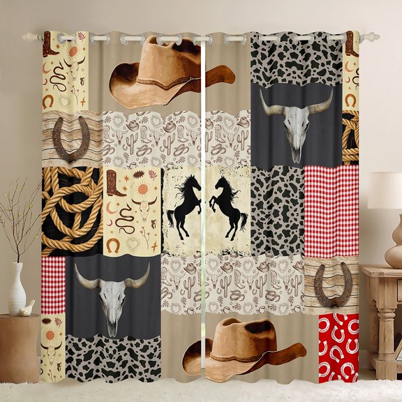 Feelyou Bohemian Western Cowgirl Black Out Curtains, Western Cowboy Hat Curtains Pack of 2 (42x63 Each), Rustic Leopard Print Bedroom Curtains, Window Curtains Decor