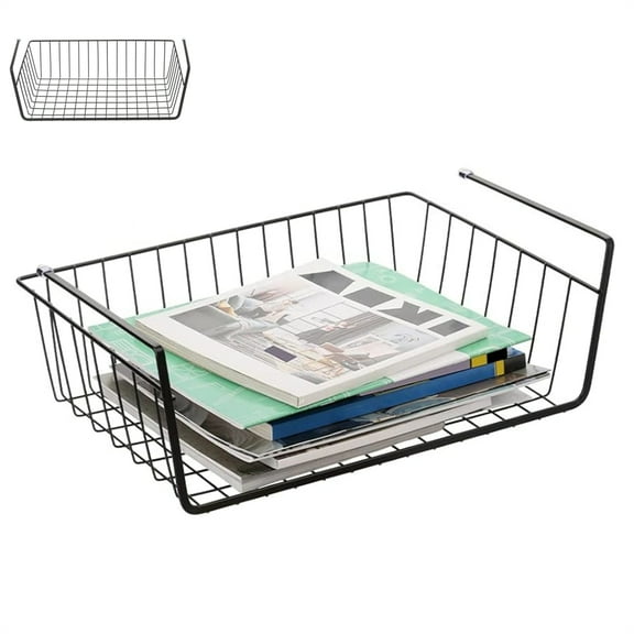 HYG 1 Pack Under Shelf Wire Basket Household Metal Storage Basket Hanging Storage Bin Slides Under Shelves Organizer for Kitchen Pantry Bookshelf Space Saving (Black)
