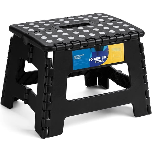 9-inch folding footstool for adults and children, non-slip folding stool with portable handle, plastic folding footstool for kitchen, etc., black, 1PC