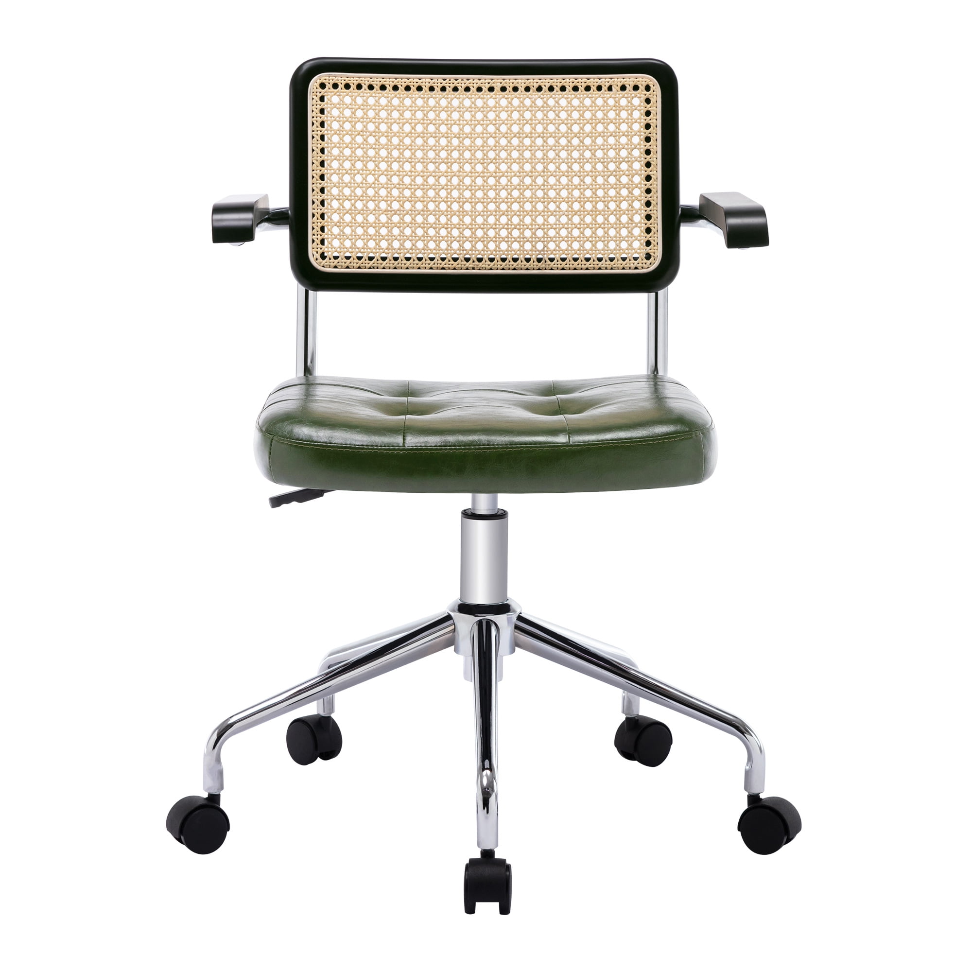 ONEVOG Tufted Leather Desk Chair, Swivel Home Office Chair with Rattan Back, Upholstered Vanity Chair with Arm, Adjustable Height Computer Task Chair, Green