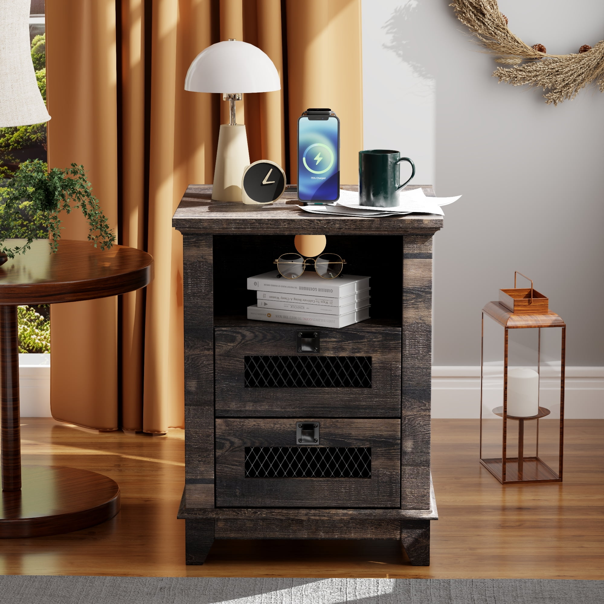 OKD 2-Drawer Wooden End Table with Charging Station for Living Room, Modern Square Nightstand, Dark Rustic Oak