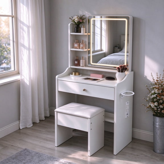 MANGOBUS White Vanity Table Set, LED Lighted Mirror with Stool, Modern Makeup Desk with Storage Drawers for Bedroom & Dorm