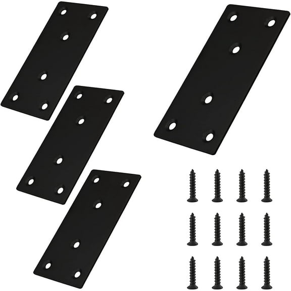 4pcs Metal Flat Straight Brace Bracket, 4'' x 2'' (L x W) Stainless Steel Mending Plate, Joining Bracket Wood Connectors for Furniture Corner Braces with Screws (Black)
