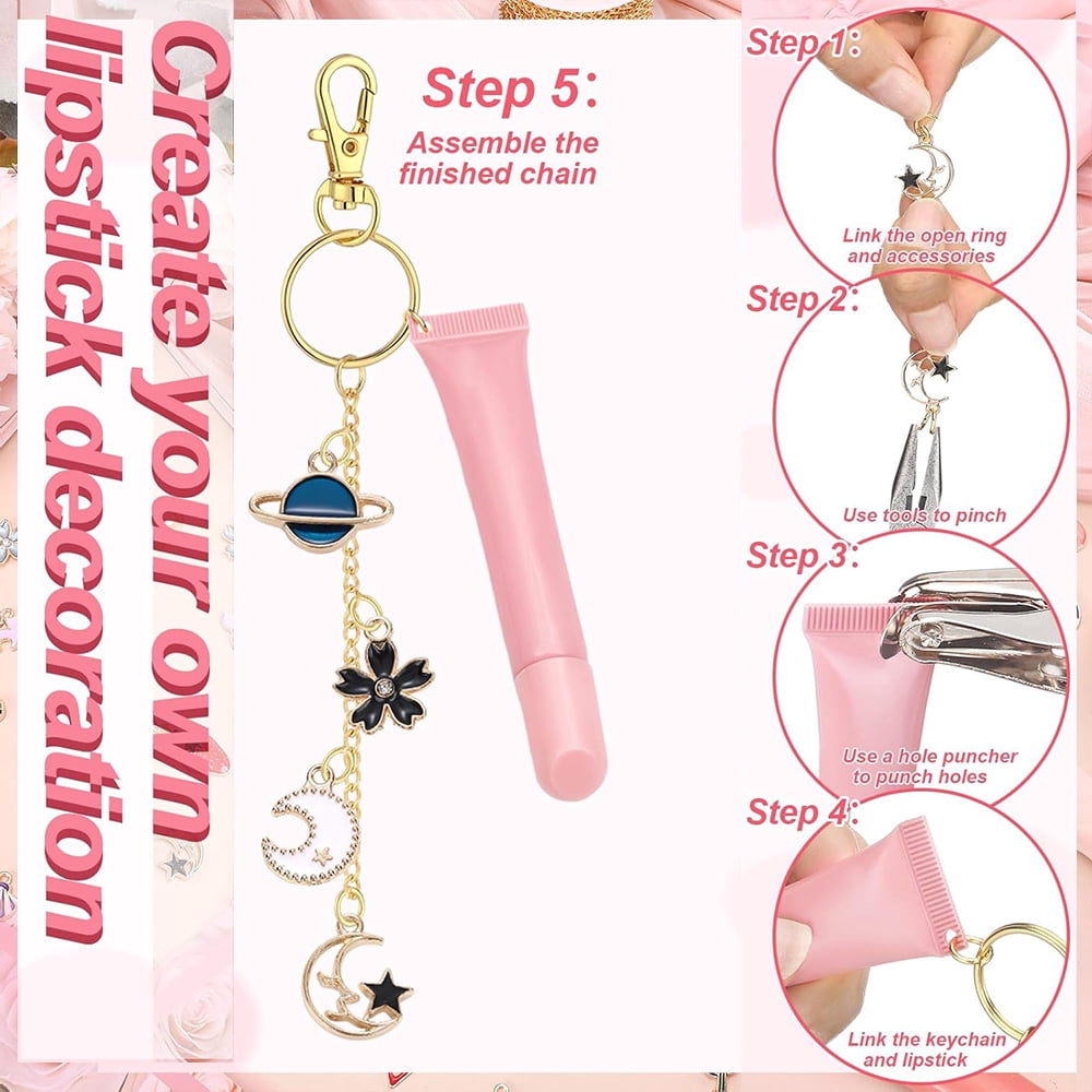 Januofit  213 Pcs Lip Gloss Keychain Making Kit 100 Pink Enamel Charms 32.81 ft Gold Chains for DIY Crafts Women(Stylish)