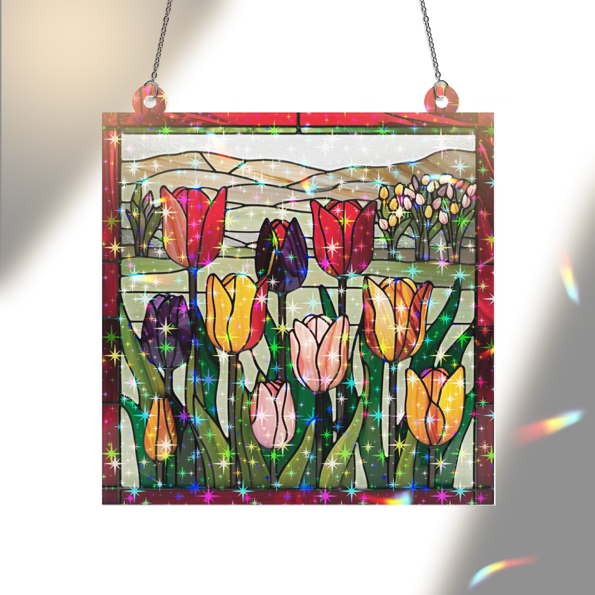 89Bloom Tulip Stained Glass Hologram Ornament, Stained Glass Suncatcher Ornaments Home Decor, Holographic Ornaments