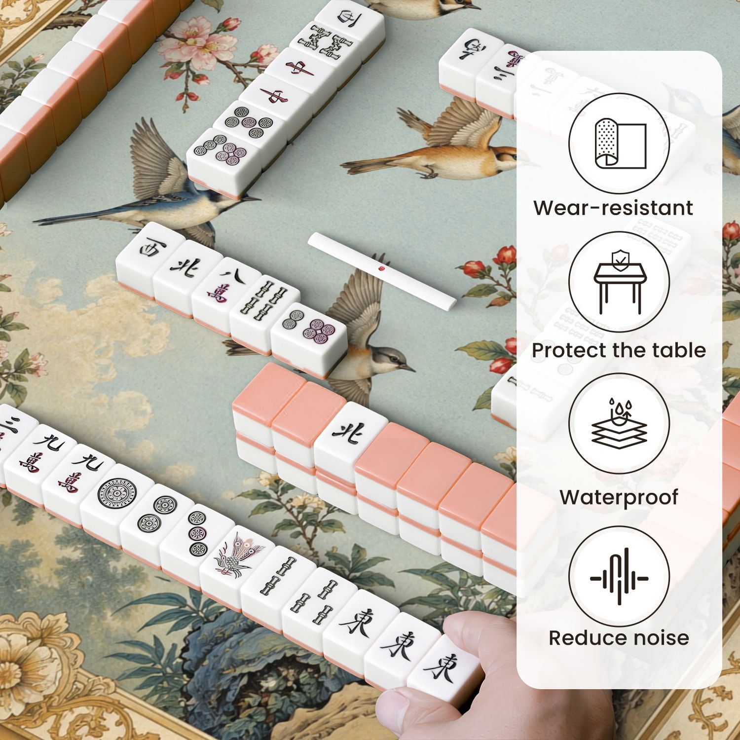 Mahjong Mat 31.5" x 31.5" Birds Cherry Blossom Branches Ornate Vintage Oriental Soft Blue Sky Non-Slip Noise Reduction Mahjong Tiles Table Cover for Dominoes Poker Card Board and Tile Games
