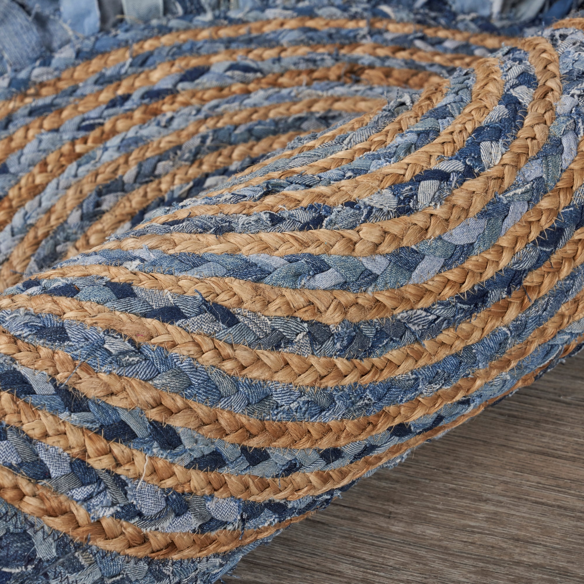 Desert Fields and Evette Rios Cora 5'6" Round Denim Blue Cotton and Jute Striped Fringe Indoor Area Rug