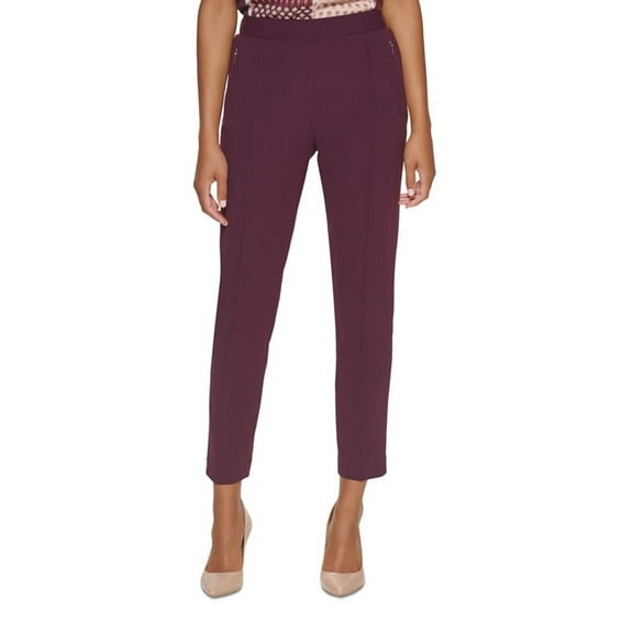 Calvin Klein Women's Aubergine Mid Rise Pleated Straight Pants Elastic Waist 8