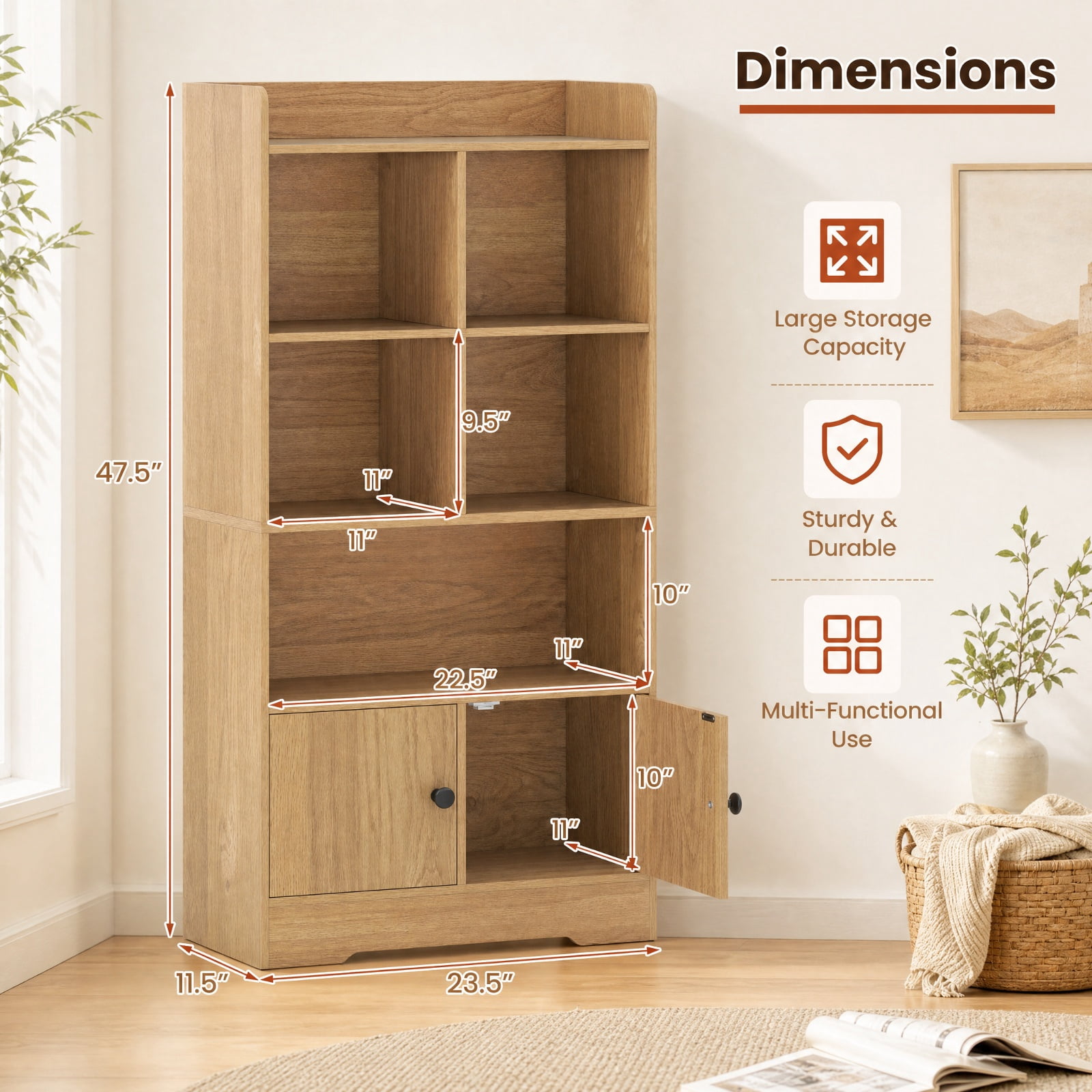 Furnibear 4 Tiers Bookshelf with 4 Cubes Display Shelf and 2 Doors for Living Room Home Office Bedroom Display Storage Shelf, Natural