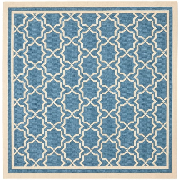 SAFAVIEH Courtyard Allison Geometric Bordered Indoor/Outdoor Area Rug, 6'7" x 6'7" Square, Blue/Beige