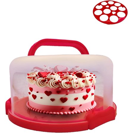 Portable Cake Holder with Cover Airtight, Tall Round Plastic Cake Carrier with Lid & Handle, Cupcake Storage Container with Dome, 10", Red