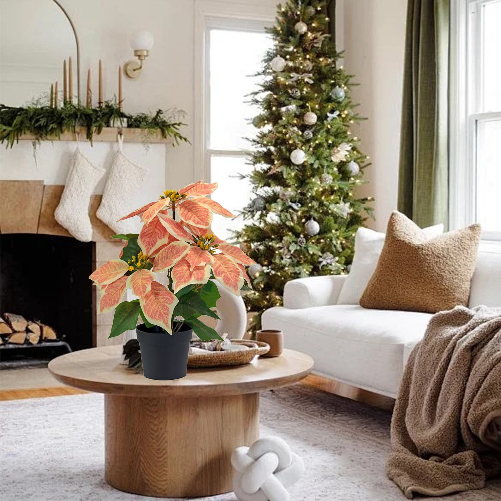 Mini Poinsettias Artificial Plants with Pot, 12.6" Faux Small Christmas Flowers in Pot for Home Office Tabletop Indoor Christmas Decorations