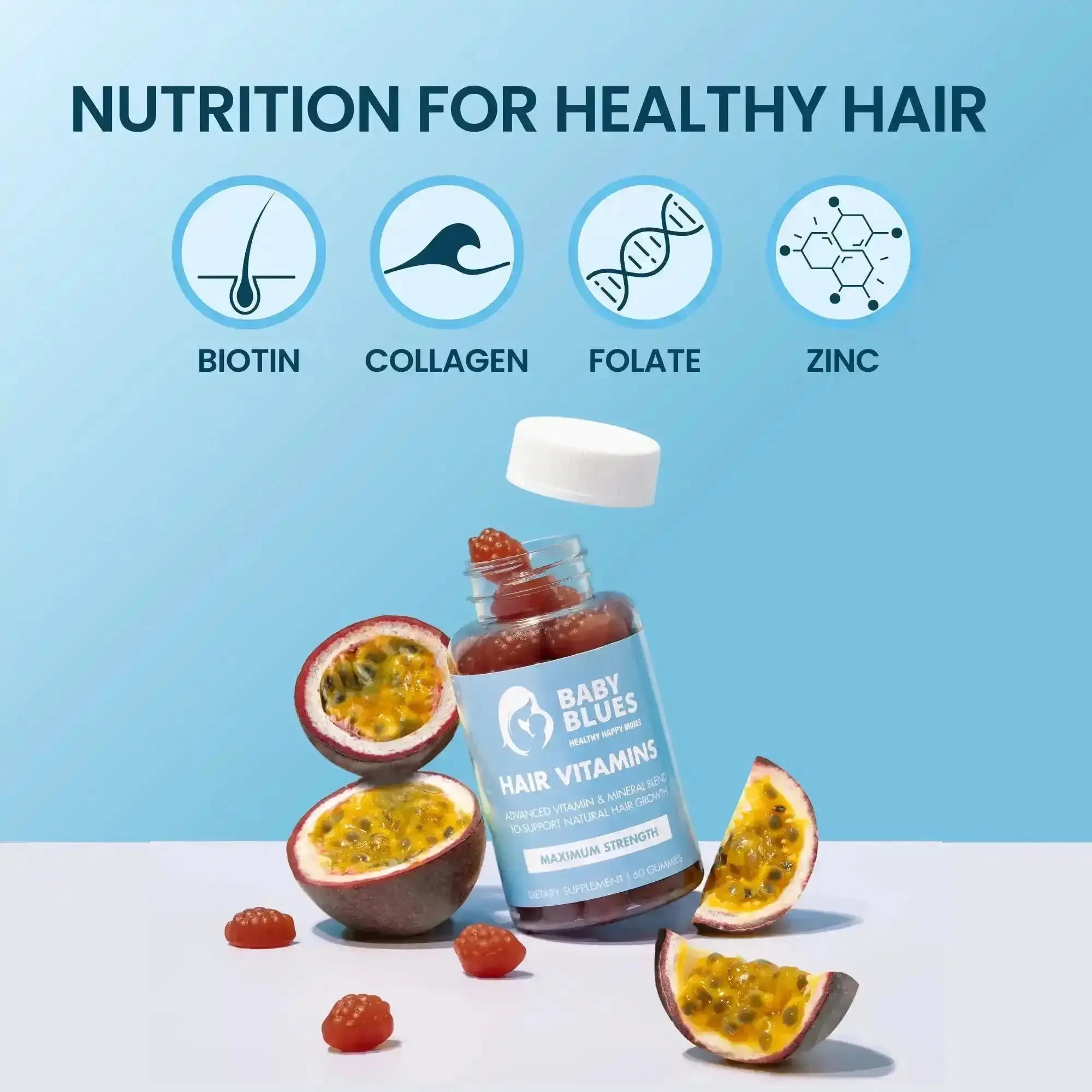 Baby Blues Postpartum Hair Loss Vitamins for Women - Hair Growth Gummies with Biotin 6000mcg, Collagen, Zinc & Folate, Hair Skin and Nails Supplement, Passion Fruit Flavor, 60 Count