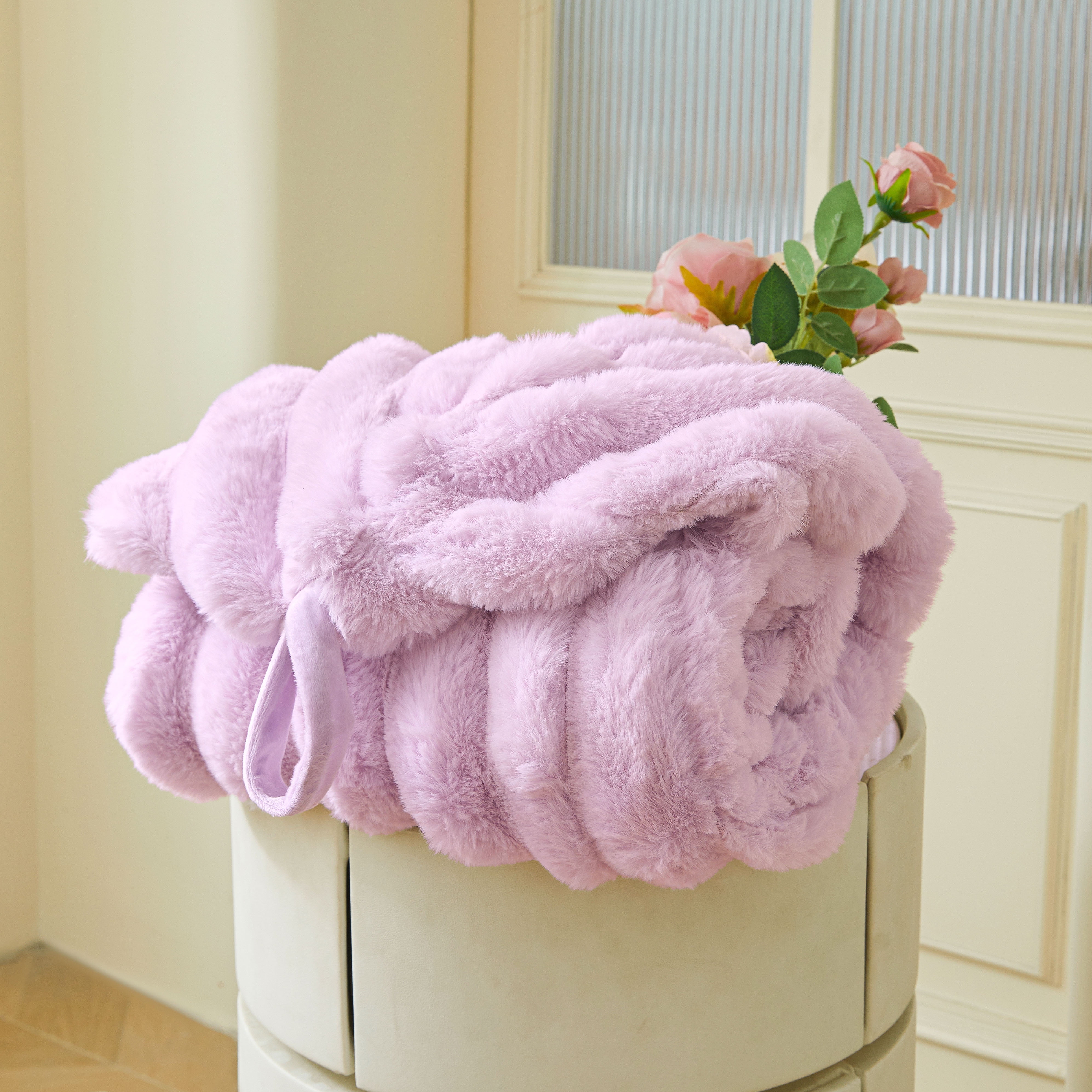 XeGe Kids Fluffy Faux Rabbit Fur Bean Bag Chair Cover(No Filler), Light Purple Plush Striped Stuffed Animal Storage Bean Bag, Fuzzy Furry Ribbed Beanbag Cover Kids Girls Adults, Anti-slip, Lavender