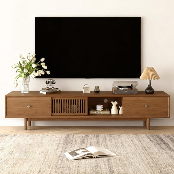 gaoyangjiaju Mid-Century Modern 78.7” TV Stand for TVs Up to 85”, Walnut Wood Entertainment Center with Slatted Sliding Doors & Drawers, Long Media Console for Living Room