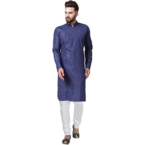 Royal Kurta Mens Cotton Angarakha Kurta Pyjama Set (40, Navy Blue)