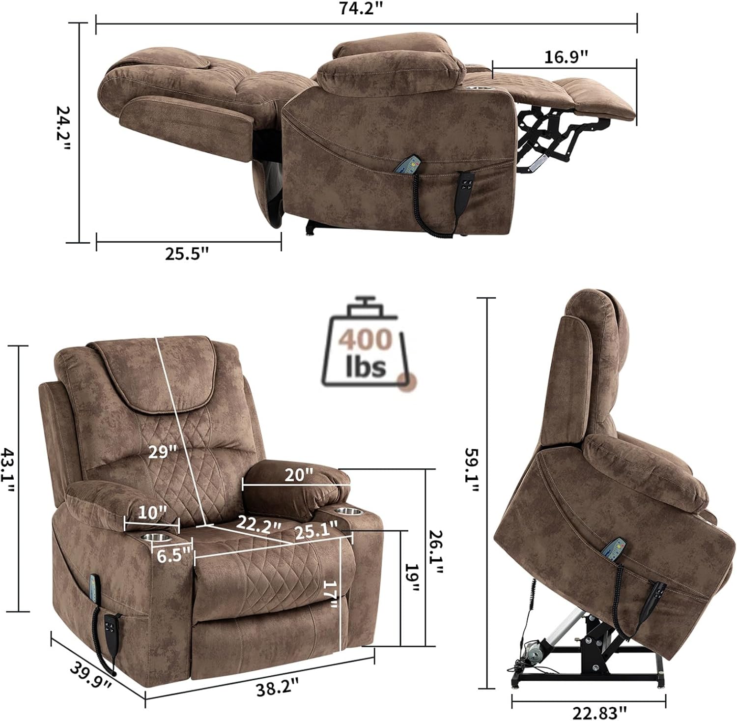 HSUNNS Recliner Lift Chairs for Elderly, 180 Degrees Lay Flat Recliner Chair with Heat and Massage and Cup Holder for Adults 400 lb Capacity (Brown Velvet)