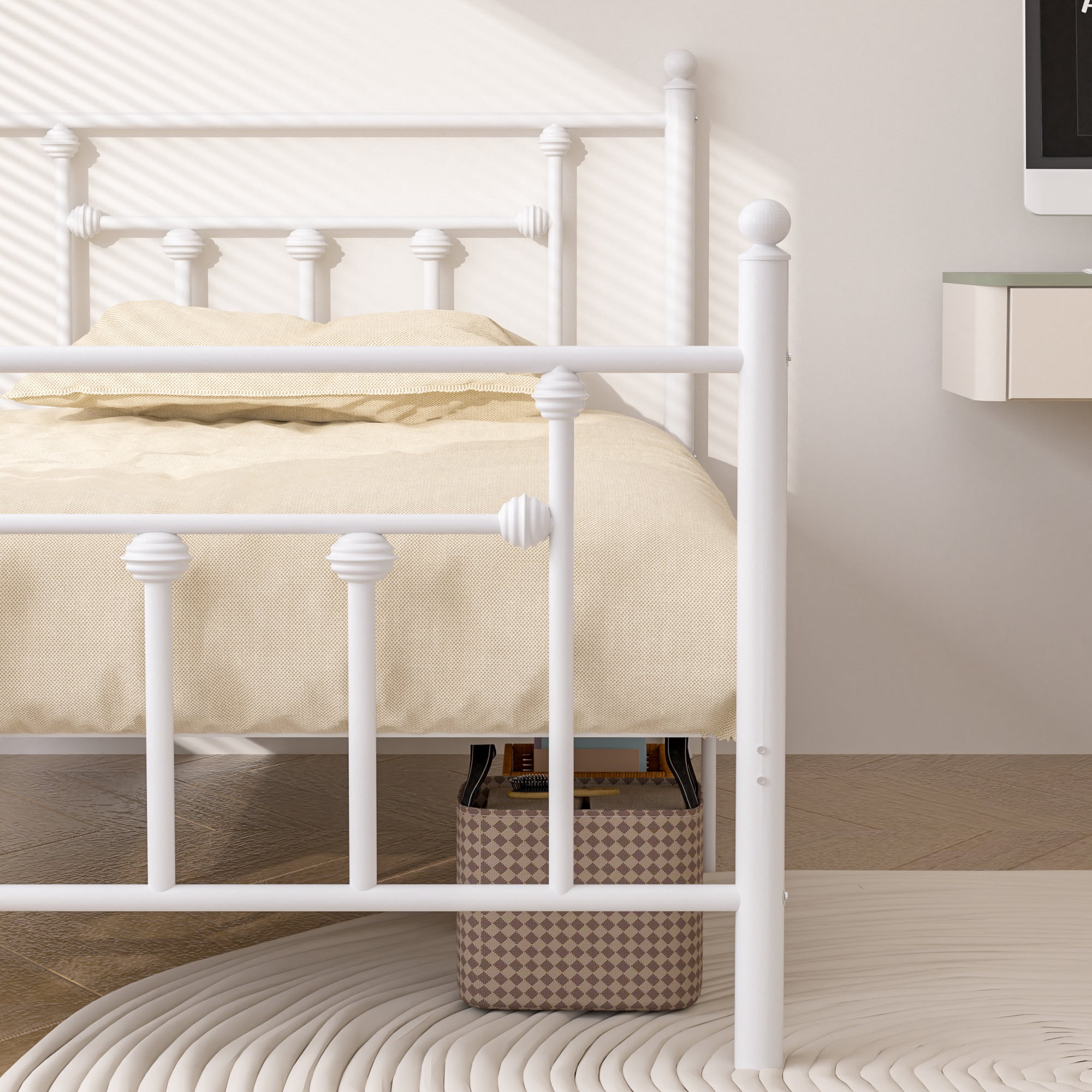 VECELO Twin Size Metal Platform Bed Frame with Headboard & Footboard, Heavy Duty Steel Slats, White