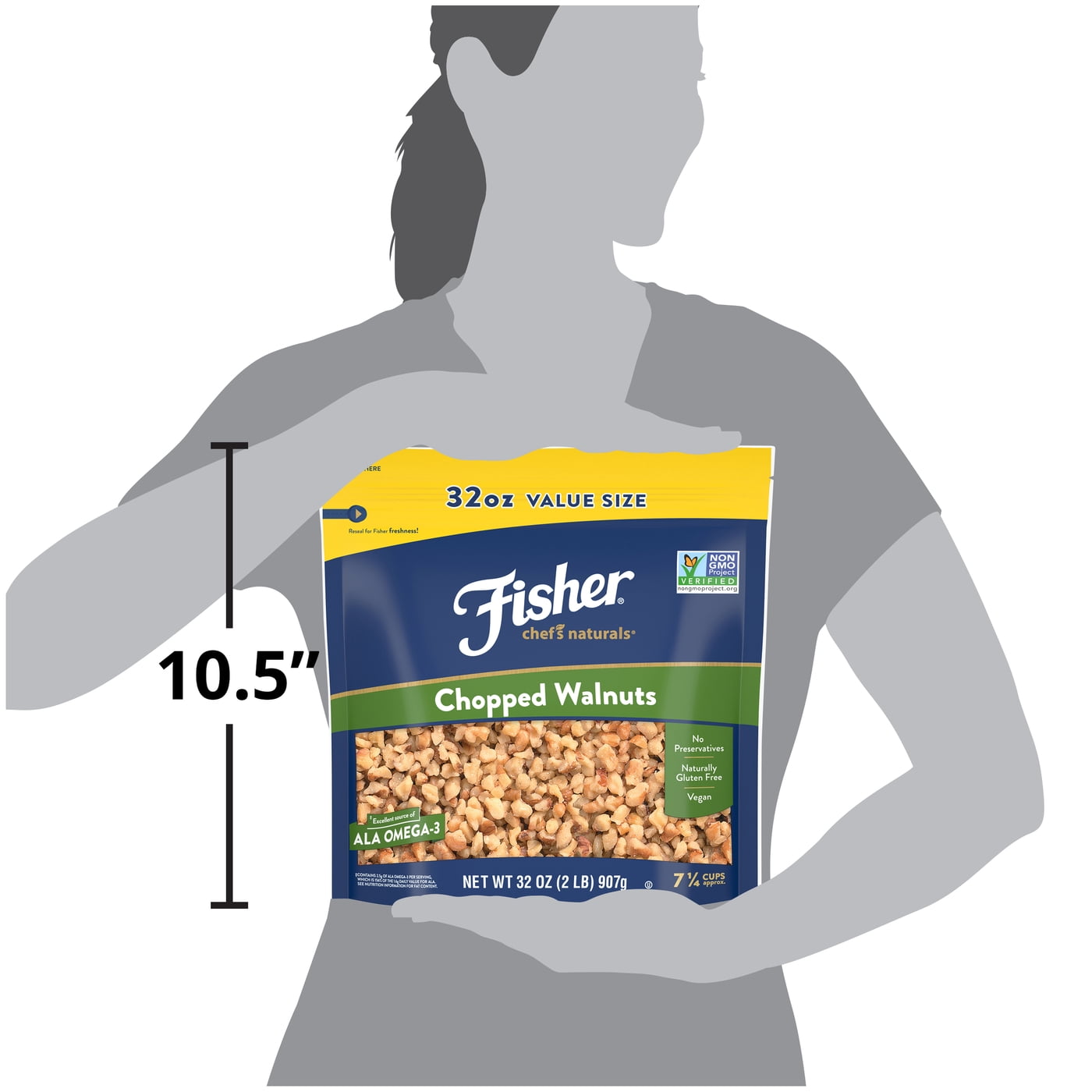 (2 pack) Fisher Chef's Naturals Gluten Free, No Preservatives, Non-GMO Chopped Walnuts, 32 oz Bag