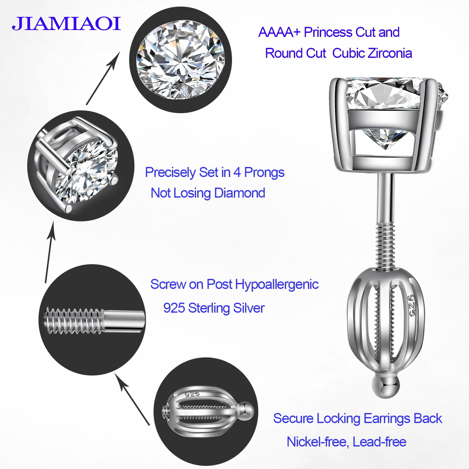 Jiamiaoi 18k White Gold Plated Simulated Diamond Stud Earrings Screw Back Sterling Silver Cubic Zirconia Stud Earrings Set 4 Millimeters-8 Millimeters