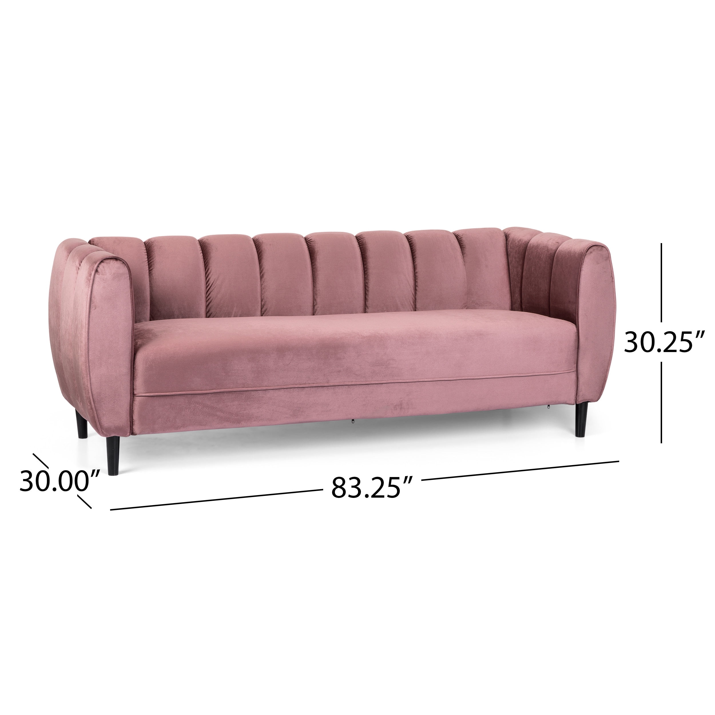 Noble House Mohammad Channel Stitch Velvet 3 Seater Sofa, Blush