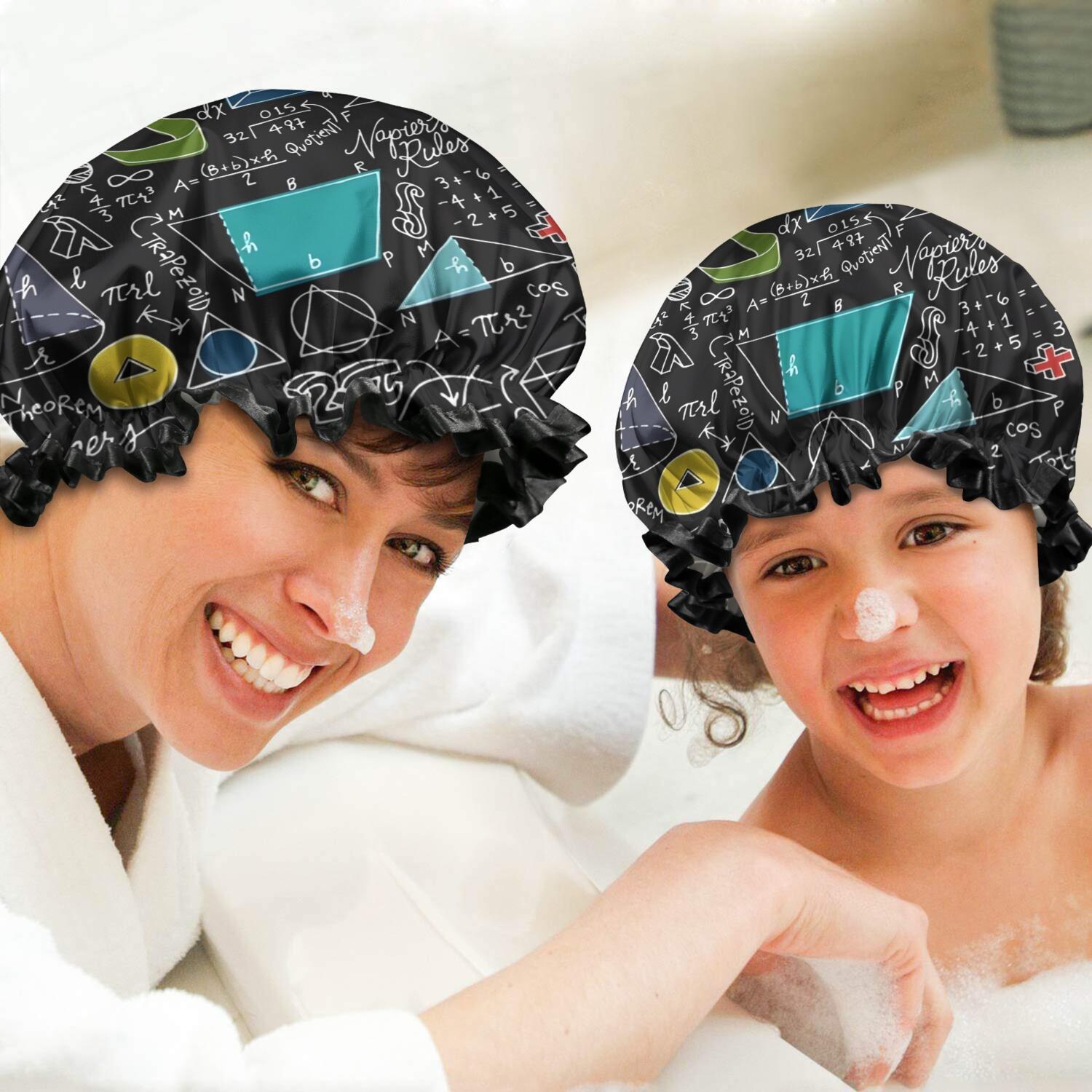 Shower Caps,Math Equations Symbols Black Pattern Waterproof Shower Cap for Women 4 Pieces,Double Reusable Hair Cover for Shower PEVA Elastic Stretch Hem