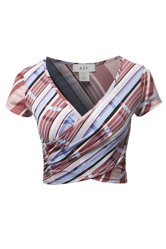 Women's Stripe Deep V-Neck Short Sleeve Cross Wrap Shirt Crop Tops Marcella M