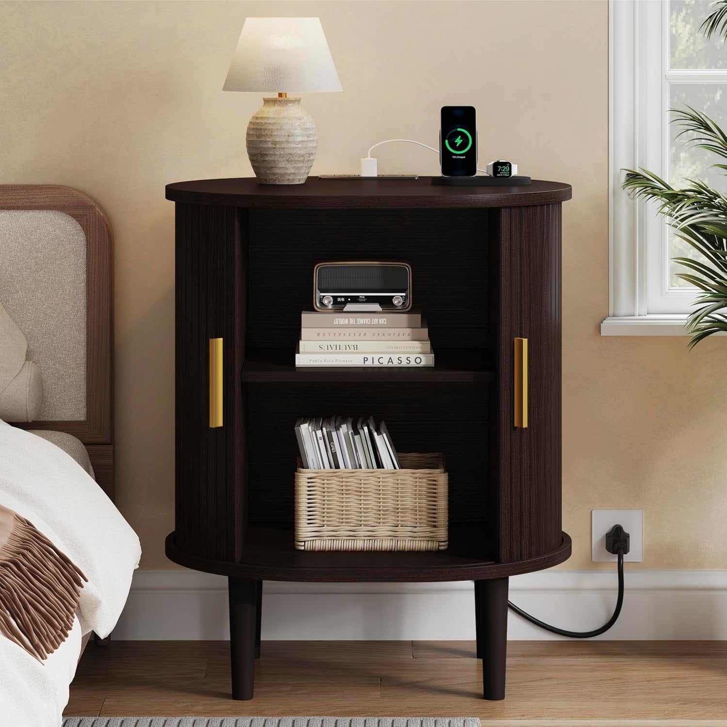 Nightstand with Charging Station, Fluted Accent Side Table with Sliding Door & Adjustable Shelf, End Table for Small Space, Living Room, Bedroom,Sofa Couch, Dark Walnut
