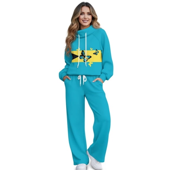 Psesaysky Women 2 Piece Lounge Sets Bahamas Flag Butterfly Print Loose Fit Sweatsuit Fall Outfits Matching Wide Leg Pants Set Tracksuit Trendy Clothes, Size XS