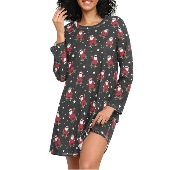 joogoo Christmas Santa Claus Skating Women's Long Sleeve Nightgown Sleepwear L