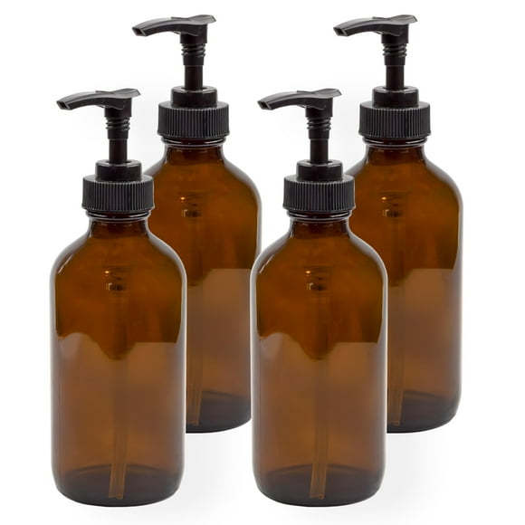 Botellas con bomba de vidrio Cornucopia 235 ml (paquete de 4, marrón ámbar)