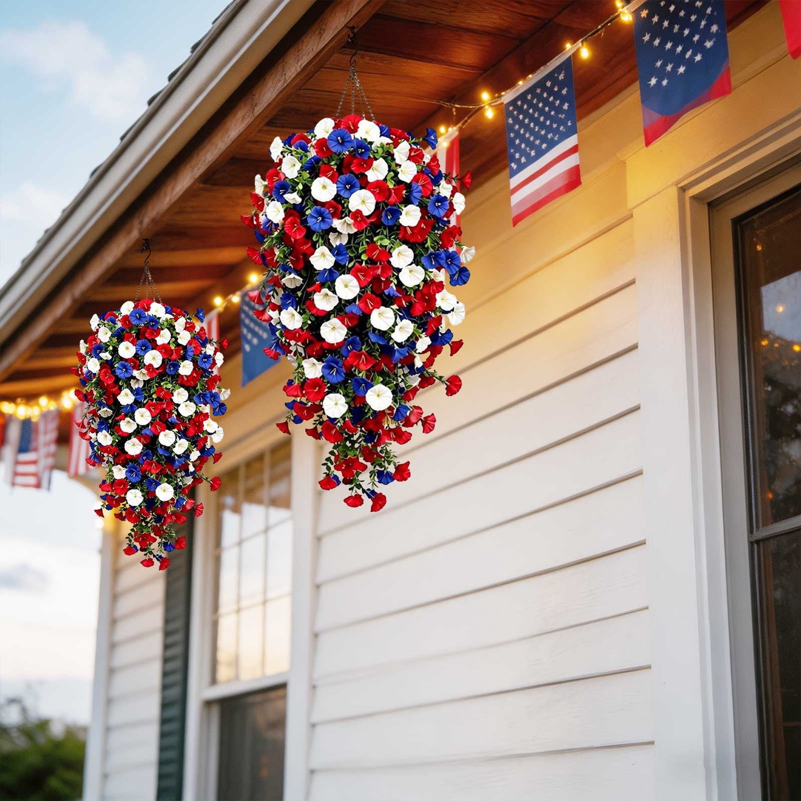 Fmxomd Artificial Hanging Flowers Basket for Outdoor, Fake Flowers Faux Plants for Yard Gardens Porch Patio Home, 28" Patriotic Flowers for Summer Front Porch Patio 4th ofJuly Decor