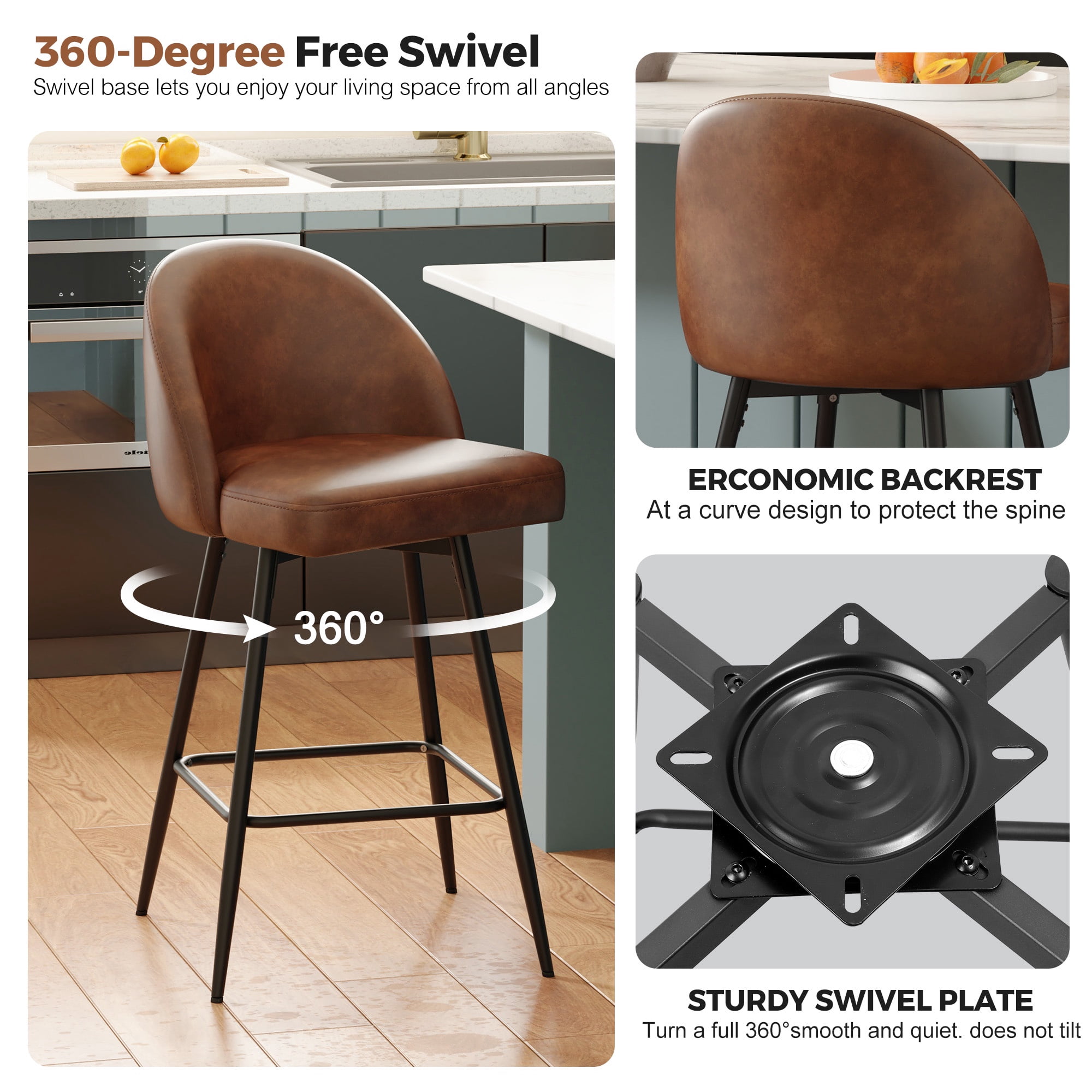 JULY'S SONG Counter Height Bar Stools with Back Sets of 2, 360°Swivel Upholstered Barstools with Metal Legs, 27" Seat Height Bar Stool for Kitchen Island, Faux Leather in Brown