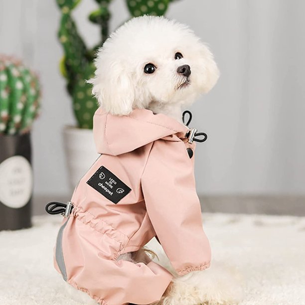 Impermeable para perros con patas, tiras reflectantes, cordón ajustable y capucha, chaqueta ligera para la lluvia para perros pequeños y medianos (rosa).