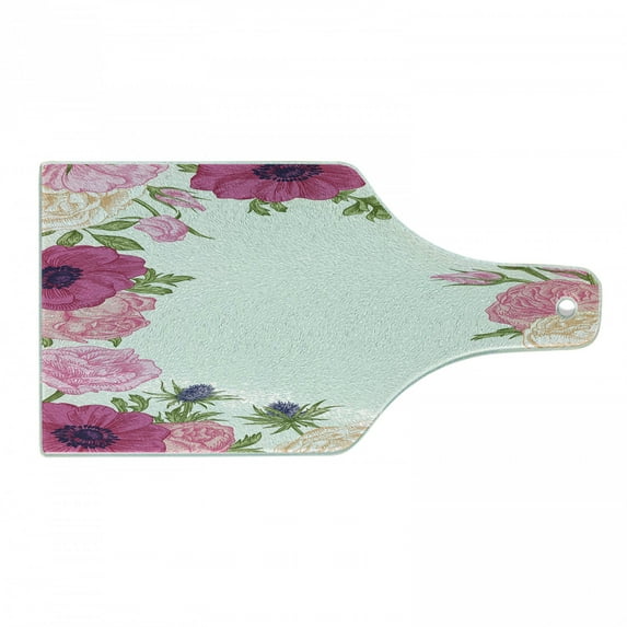 Anemone Flower Cutting Board, Pink Rose and Anemone Flowers Frame Lively Bridal Wedding Design, Tempered Glass Cutting and Serving Board, Wine Bottle Shape, Pink Green Apricot, by Ambesonne