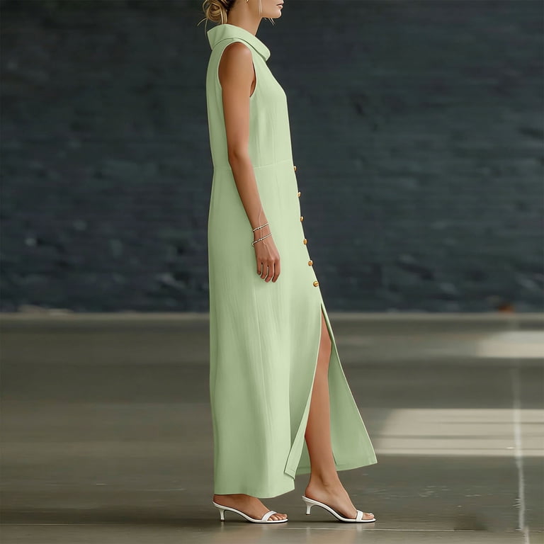 mint green work dress Gpaecead Women's Sleeveless Shawl Collar Button Side Slit Maxi Textured A Line French Dress For And Vacation A-Mint Green, Size: Small BFCM_30
