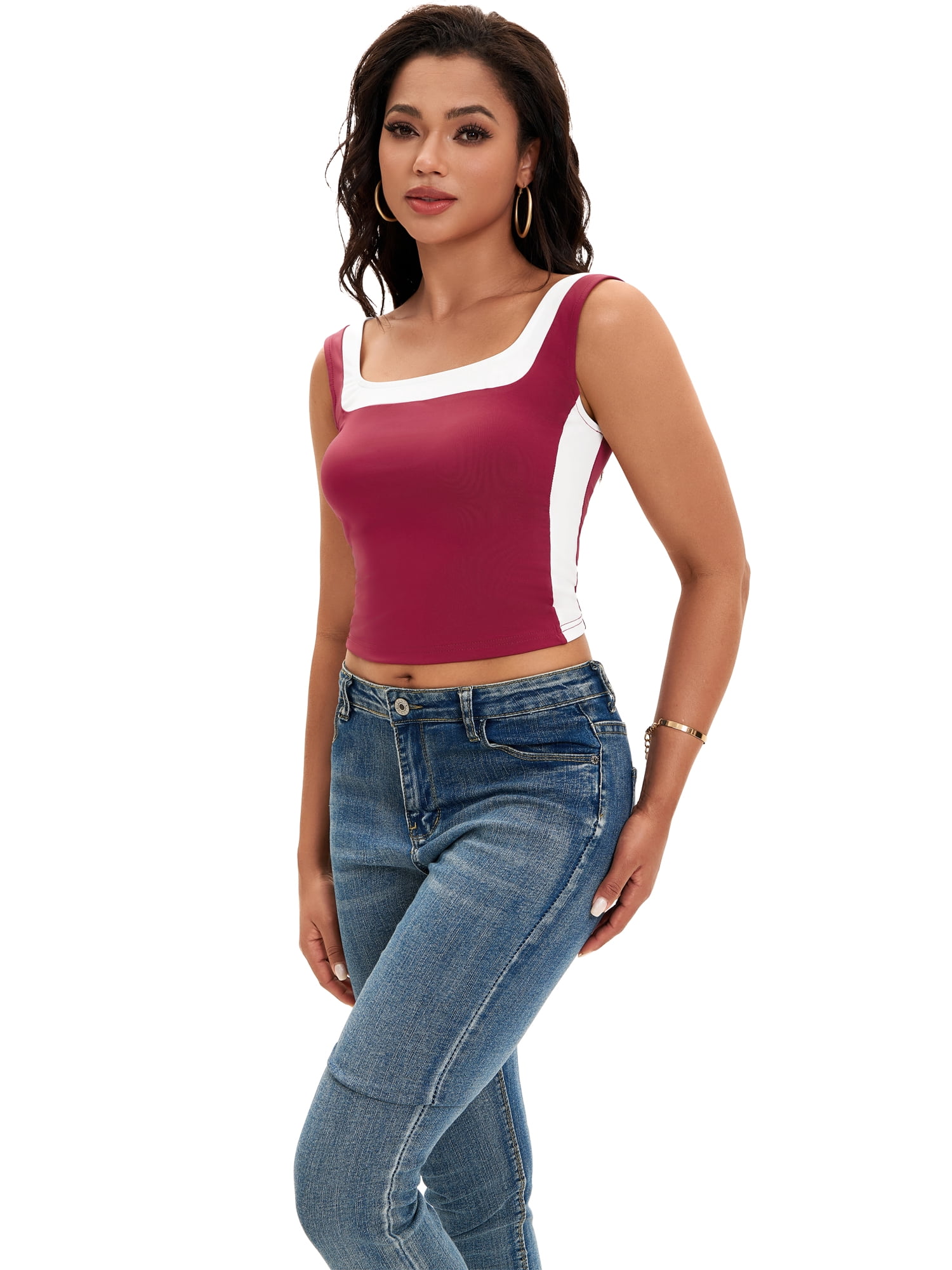 DARING DIVA Women's Square Neck Summer Crop Slim Fit Shirts XS Burgundy