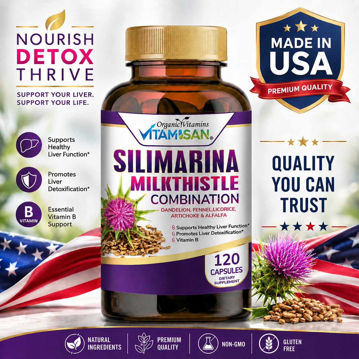 Vitamisan Silimarina Milk Thistle Combination 120 Capsules – Liver Support Supplement with Milk Thistle Extract, Dandelion, Artichoke, Alfalfa & Fennel Seed