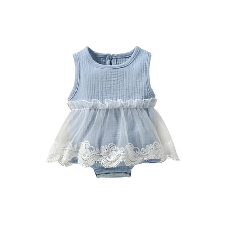 

IZhansean Infant Baby Girls Sweet Rompers 0-18M Strap Sleeveless Solid Ruffles Lace Floral Patchwork Jumpsuits Blue 6-12 Months