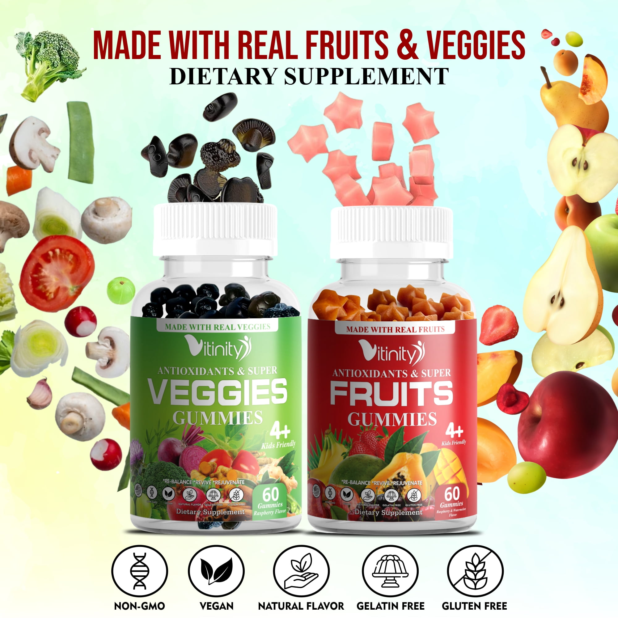VITINITY Fruits and Veggies Gummies - Superfood Vegetable Vitamin Supplement for Women and Men - with a Blend of Fruit and Greens for Daily Health