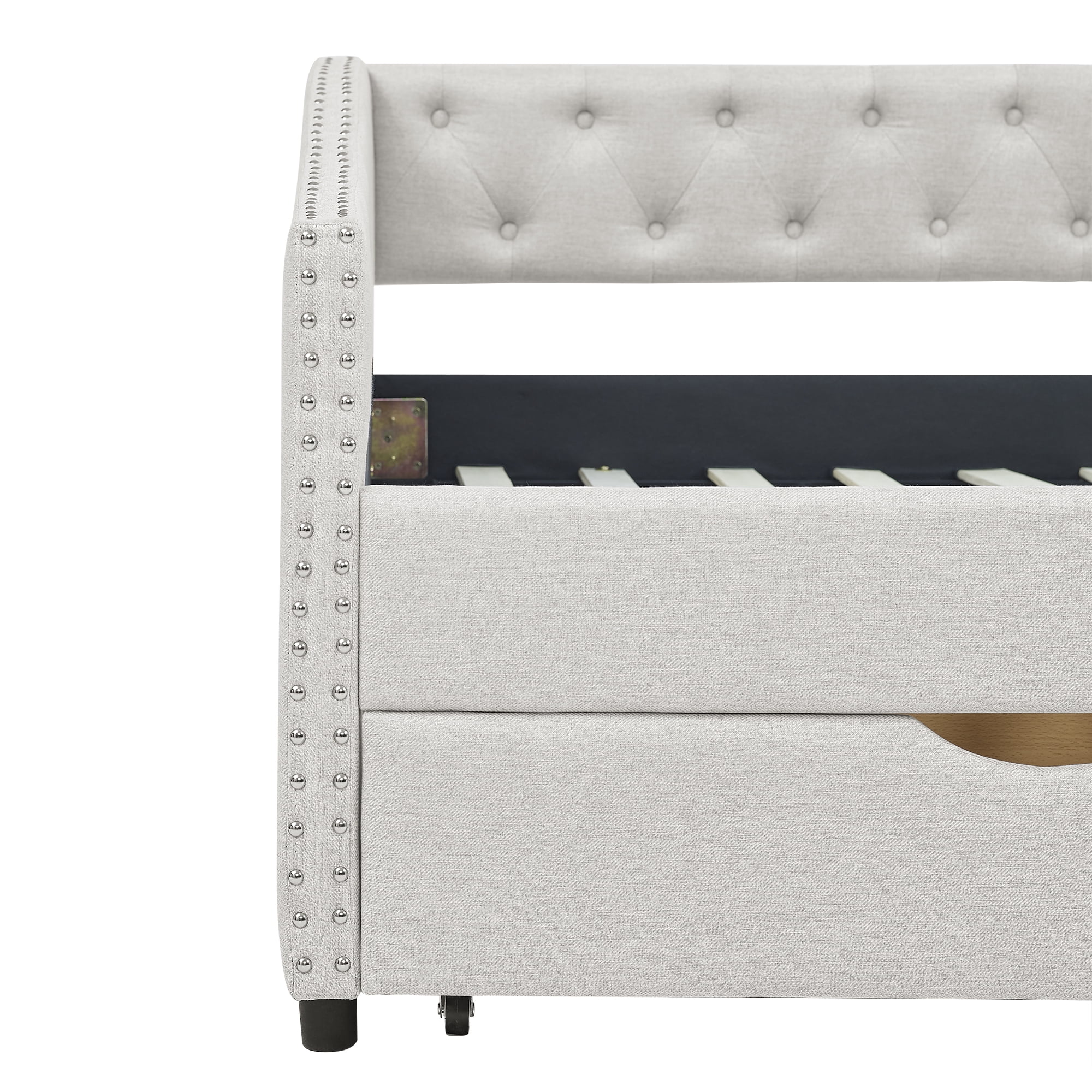 DEALTOPS Twin Size Upholstered Daybed with Two Storage Drawers,Twin Polyester Sofa Bed Storage Daybed Frame for Bedroom Guest Room - Beige