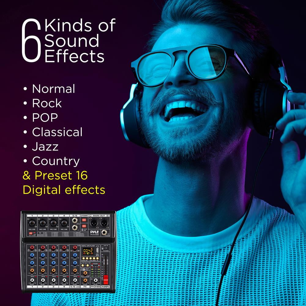 Pyle PMX466 - 6-Channel Audio Mixer w/ Recording Interface - Built-in Multi-FX Processor/AUX Input & MP3 Player, 4 XLR I/O Connectors
