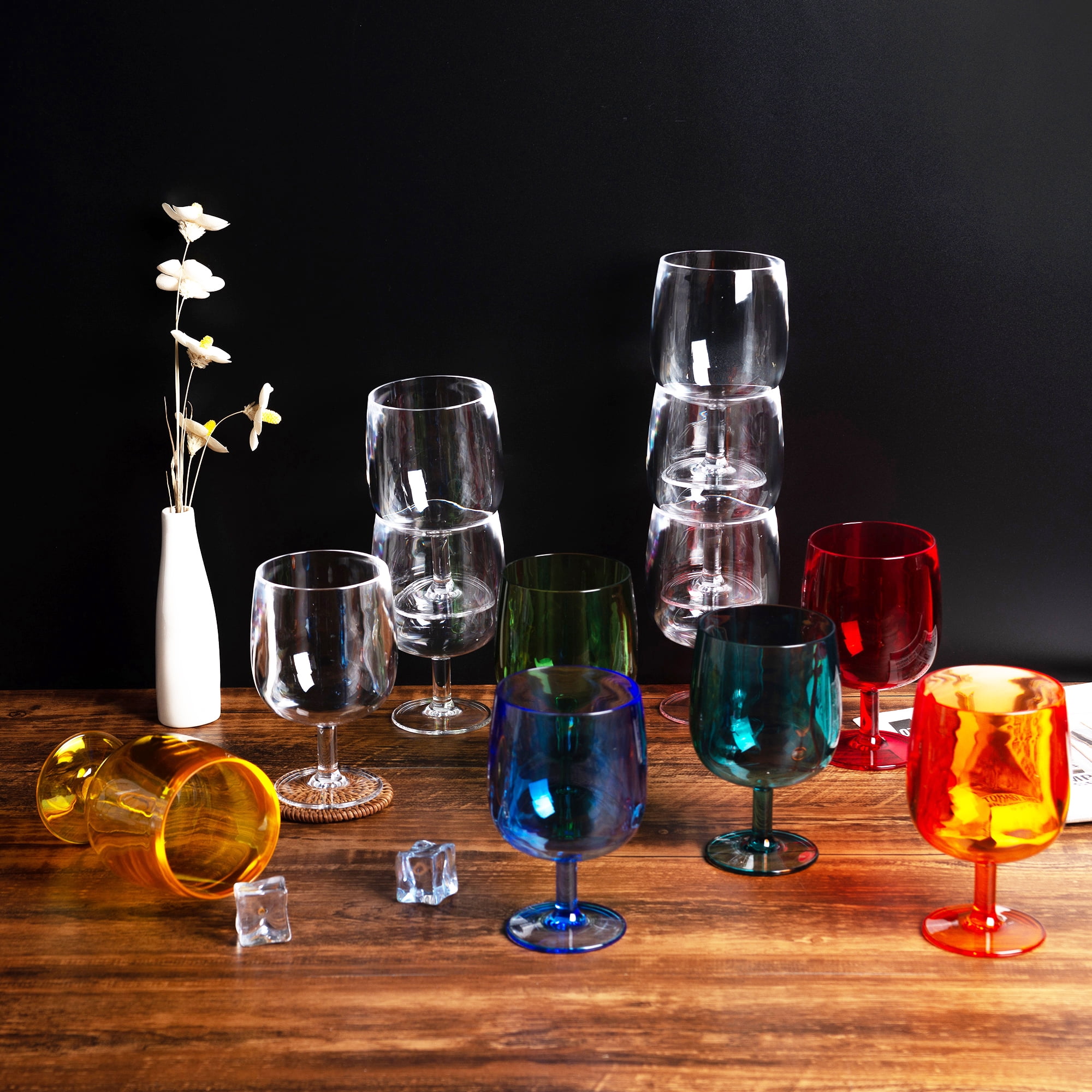 KX-Ware Classics Stackable 12 Ounce Plastic Stem Wine Glasses Acrylic Glasses, Set of 6 Multicolor