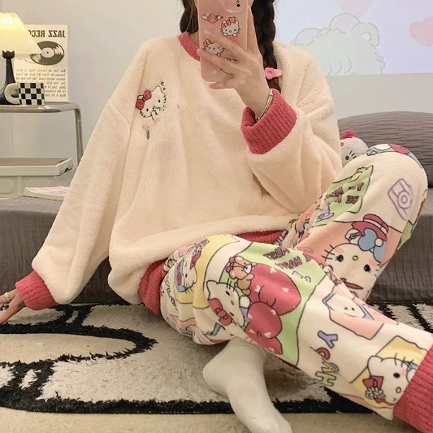 Pijamas de franela transfronterizos para mujer, Otoño Invierno, cuello redondo, manga larga, bonito conjunto de ropa cálida para el hogar con dibujos animados japoneses para estudiantes