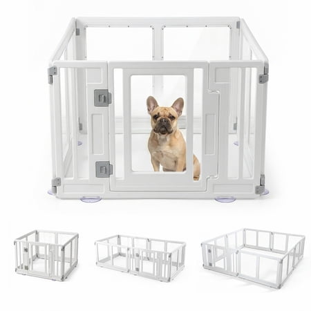 Wagora Puppy Playpen 35", Acrylic Indoor Dog Playpen with Door, Transparent Small Pet Fence for Apartments, Easy Assembly & Suction Cups, White