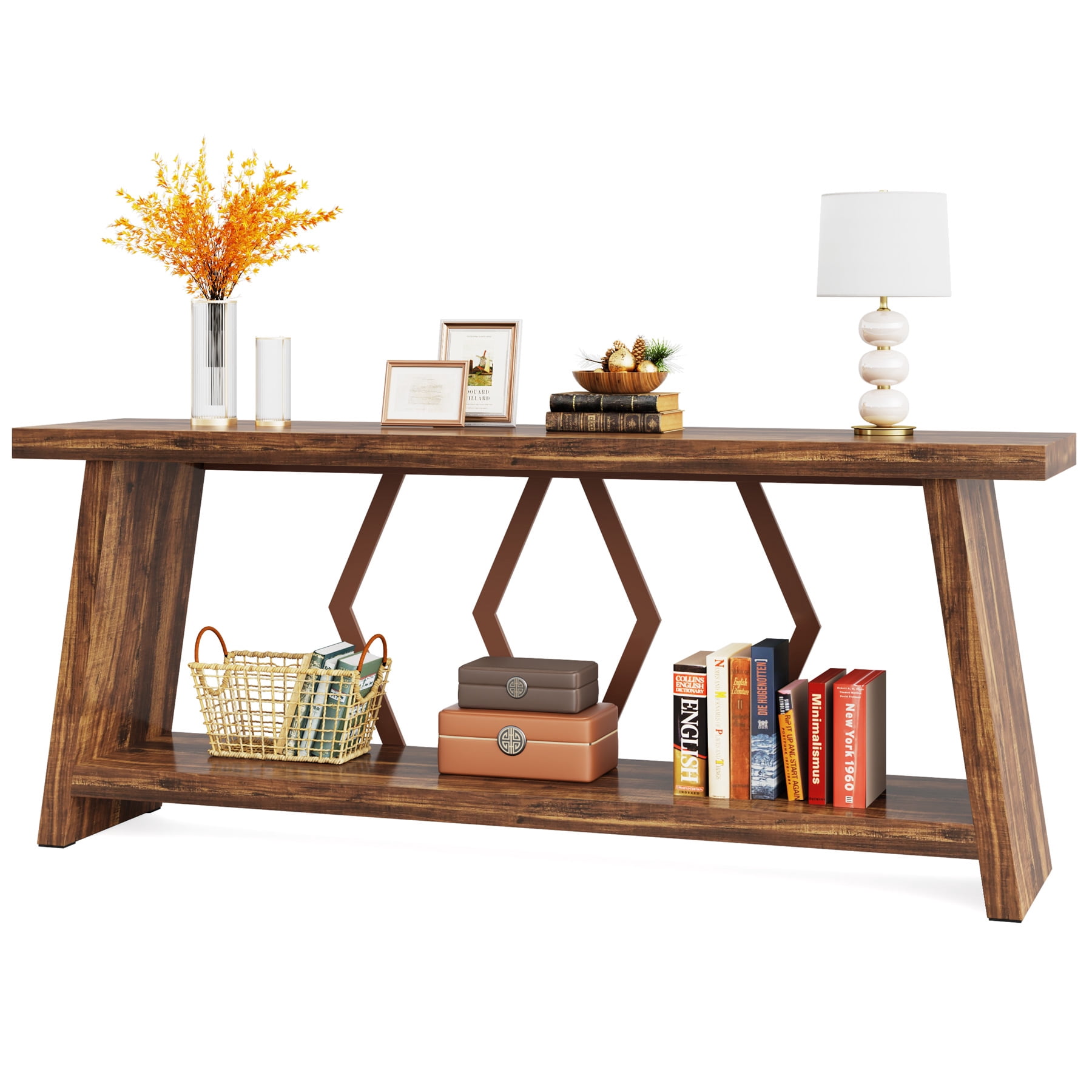 Fnova 70.86" Farmhouse Console Table for Entryway, 2-Tier Storage Long Narrow Wood Entryway Sofa Table, Easy Assembly, for Living Room Staircase Hallway Decor