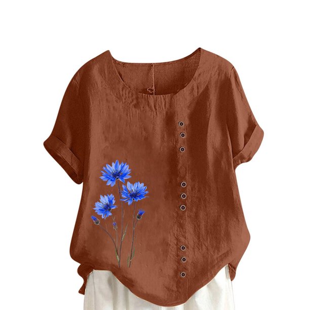 Vestidos Casuales Para Mujer, Blusas De Mujer De Moda Blusa informal de lino con cuello redondo y manga corta con botones para mujer, talla grande, estampada
