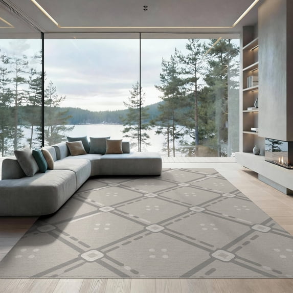 ODIKA 6'x9' Grey Beige Diamond Lattice Washable Area Rug Geometric Trellis Design with Dotted Accents for Family Room, Living Mater Bedroom, Non-Slip, Easy Care