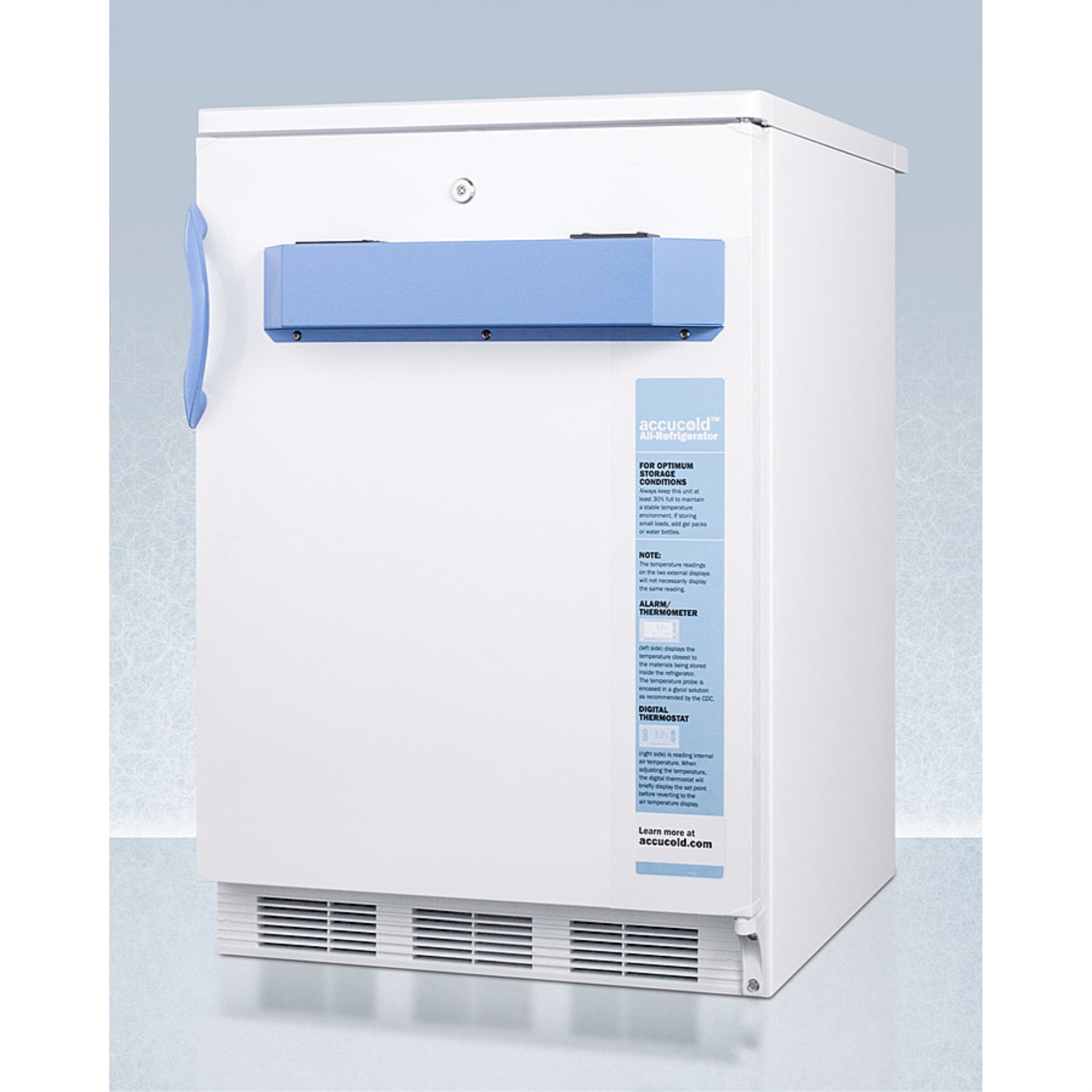 Built-in undercounter auto defrost medical/scientific all-refrigerator with front control panel equipped with a digital thermostat.